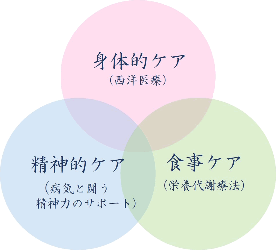 身体的ケア（西洋医療）　精神的ケア（病気と闘う精神力のサポート）　食事ケア